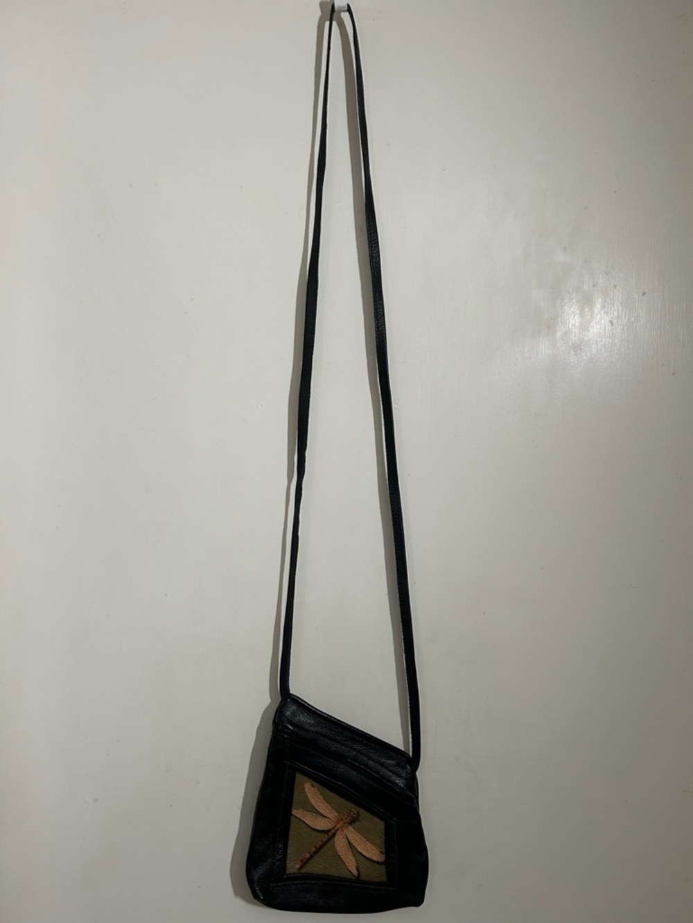 Thomas Leather Black Crossbody Bag with Dragonfly Patch